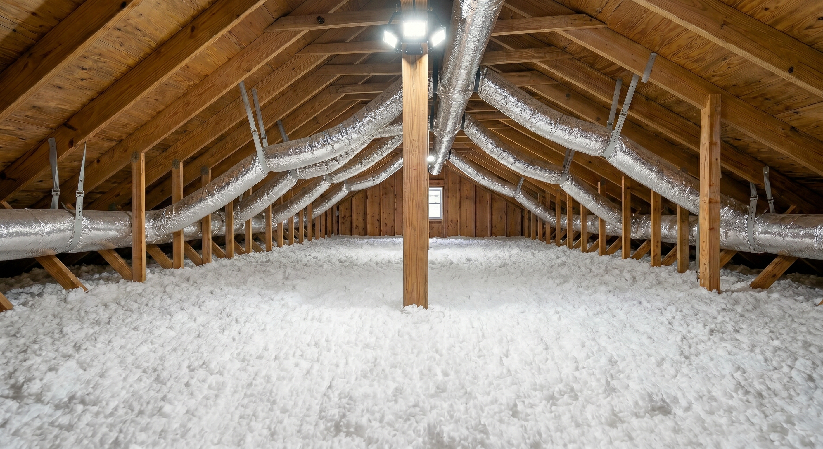Freshly insulated Hampton Roads attic with blown-in insulation and flex ductwork
