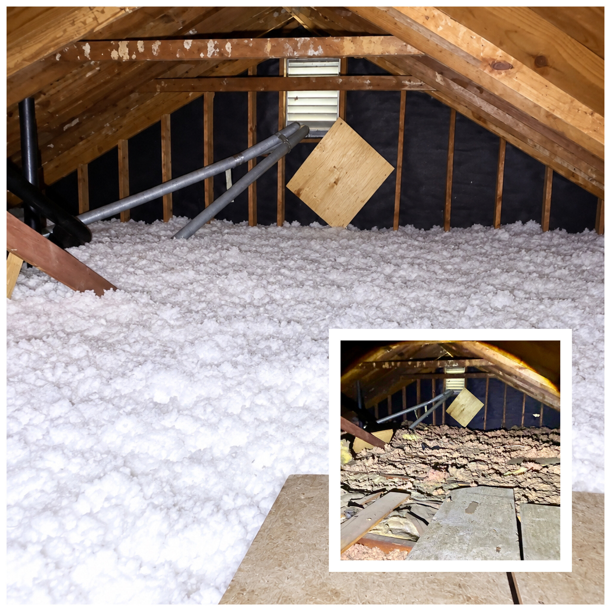 Before-and-after view of a Hampton Roads attic before and after insulation replacement