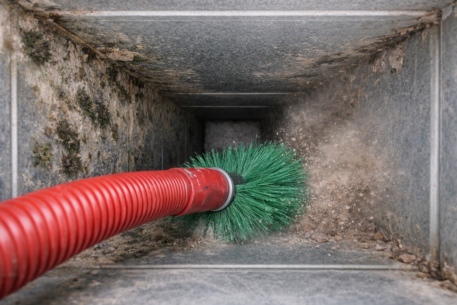 Rotary duct cleaning brush used to remove buildup from HVAC ductwork in Virginia Beach homes