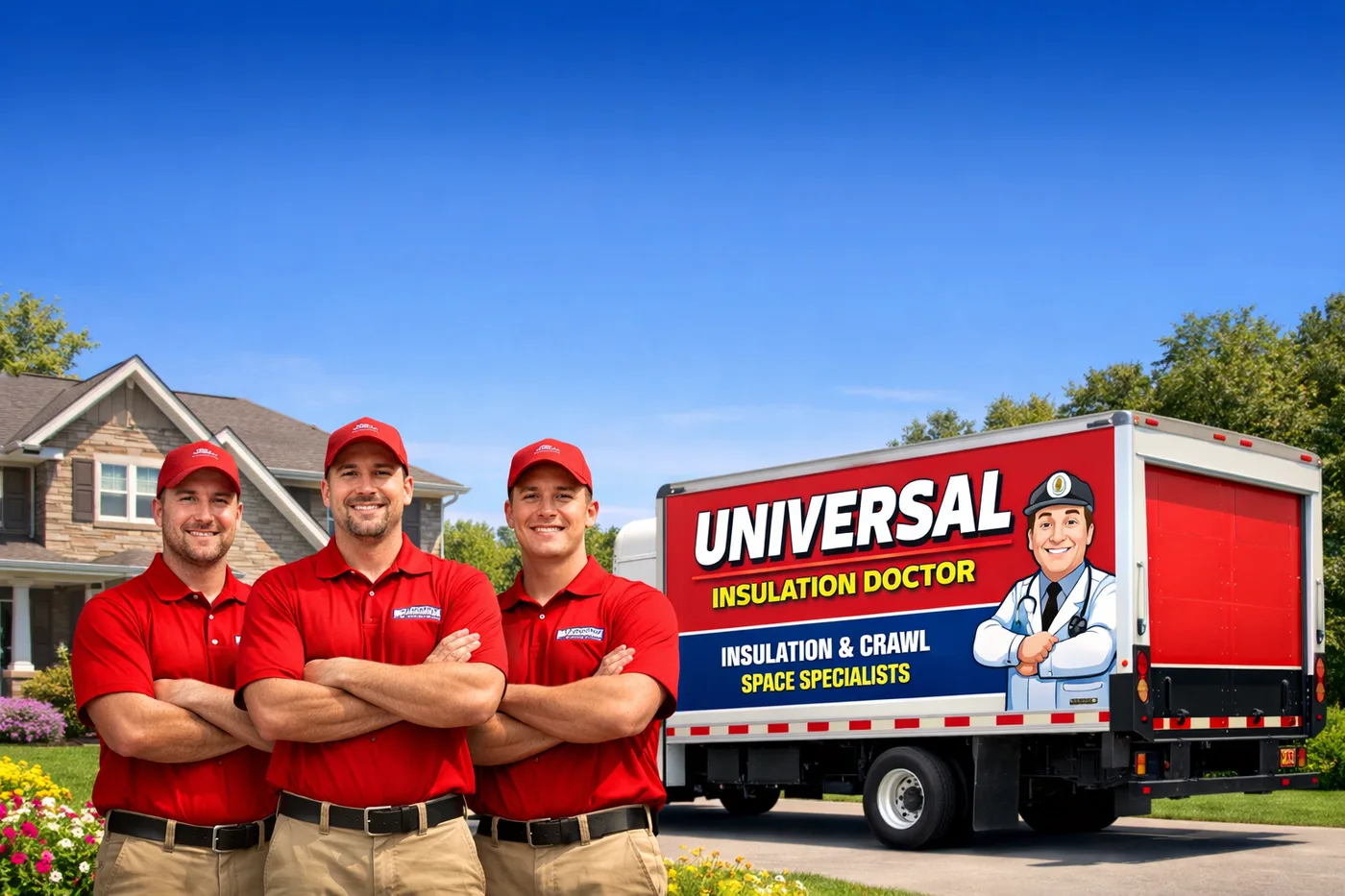 Universal Insulation Doctor team standing in front of an insulation service truck outside a Hampton Roads home