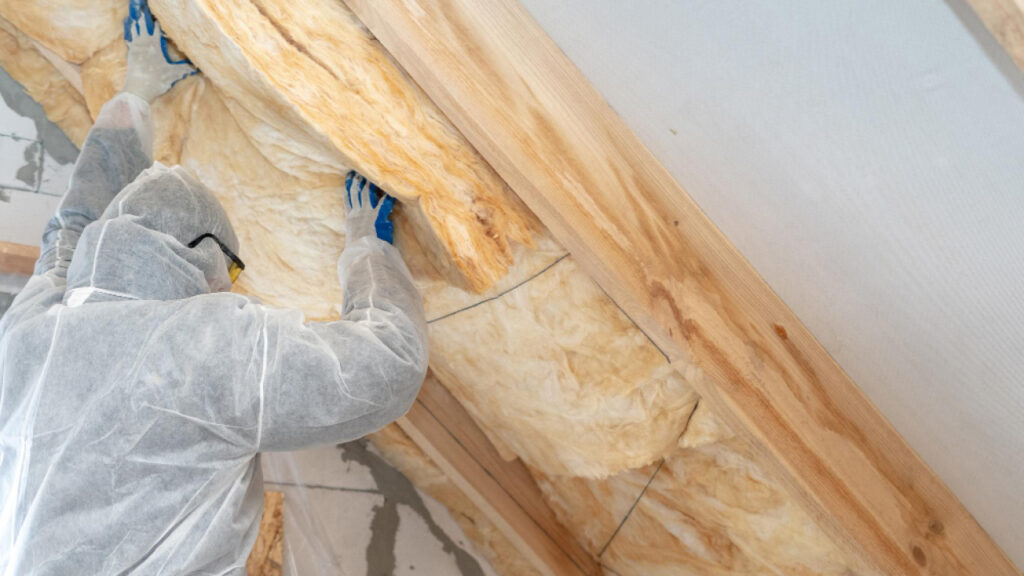 Professional workman installing thermal insulation layer under the roof