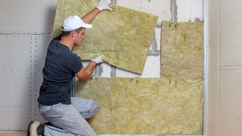 Worker hands insulating rock wool in wooden frame for soundproof room