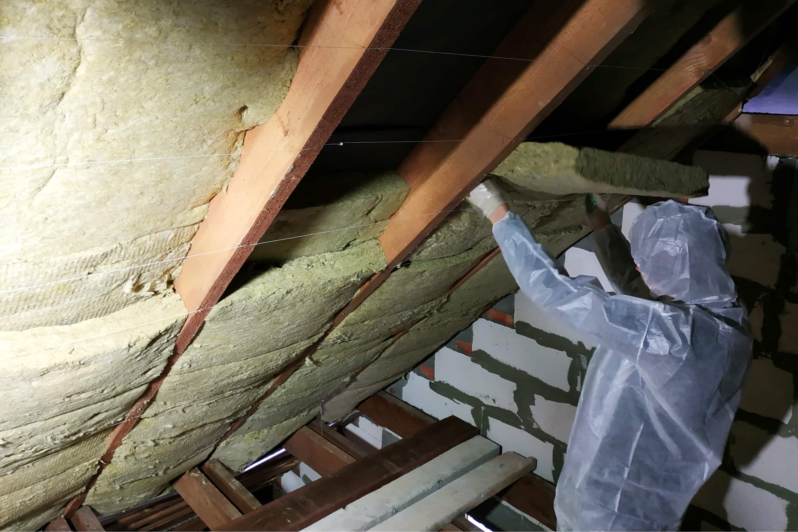 A man in a protective overalls puts mineral wool between the beam of the roof of the house for his warming from the cold