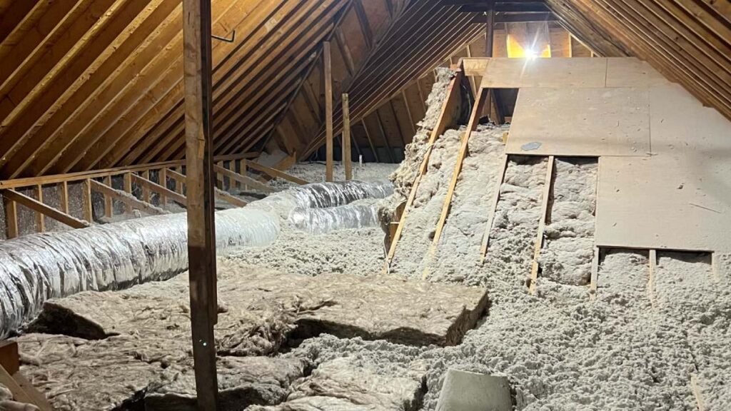 Room featuring insulation and a ladder, highlighting potential health risks linked to outdated insulation materials