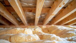 Insulation material installed in an attic, providing energy efficiency and temperature regulation for the home.