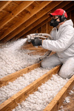 technician installing attic insulation.