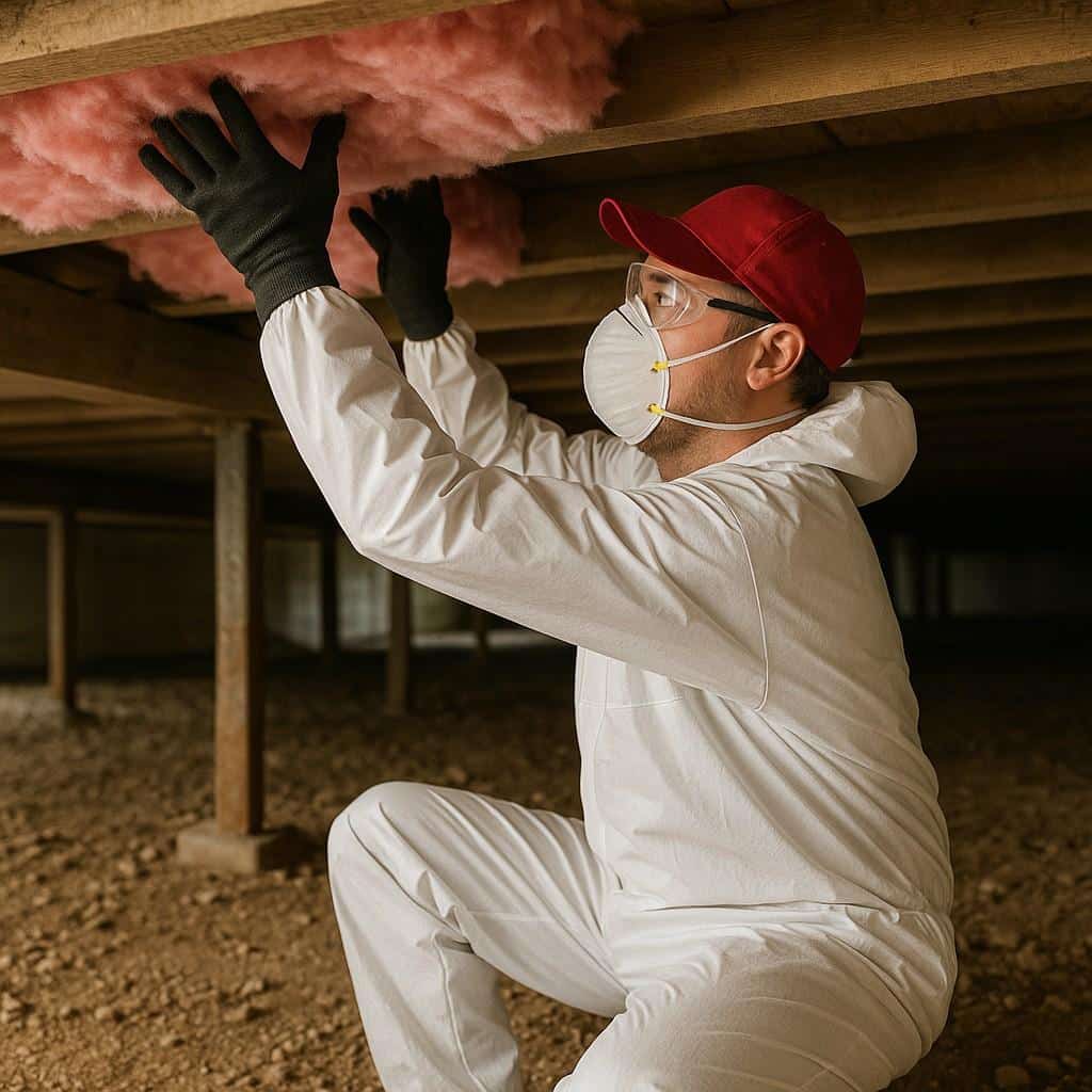 An image of a professional insulation technician dressed in a white protective hazmat suit, safety goggles, a respirator mask, and black gloves, kneeling inside a residential wooden attic. The technician is actively using a large, flexible white hose to blow pink fiberglass or cellulose insulation into the spaces between the floor joists. The background shows exposed wooden rafters and roof framing, highlighting the typical structural environment of a home attic during remediation and installation services in Hampton Roads.