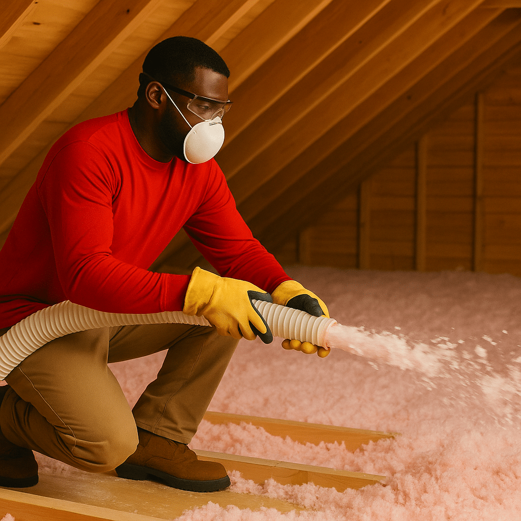 technician from Universal installing attic insulation